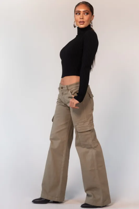 Mica Denim Olive Mid Rise Wide Leg Cargo Jeans sold by Lime Lush