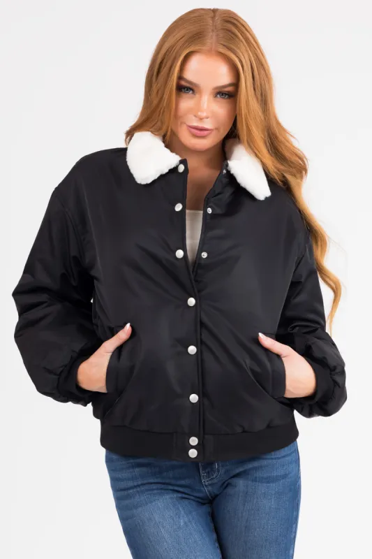 Black Button Down Faux Fur Collar Bomber Jacket sold by Lime Lush