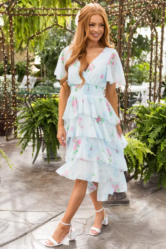 Sky Blue Floral Ruffle High Low Midi Dress sold by Lime Lush