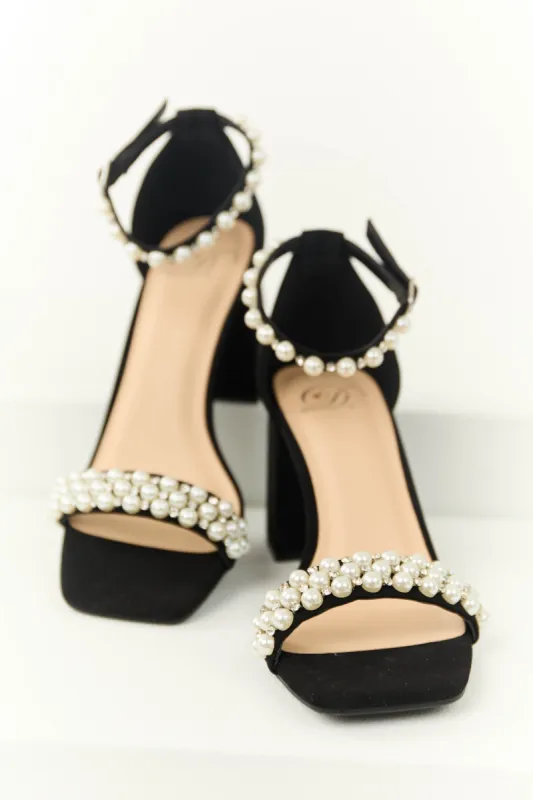 Black Pearl and Rhinestone Embellished Block Heels sold by Lime Lush