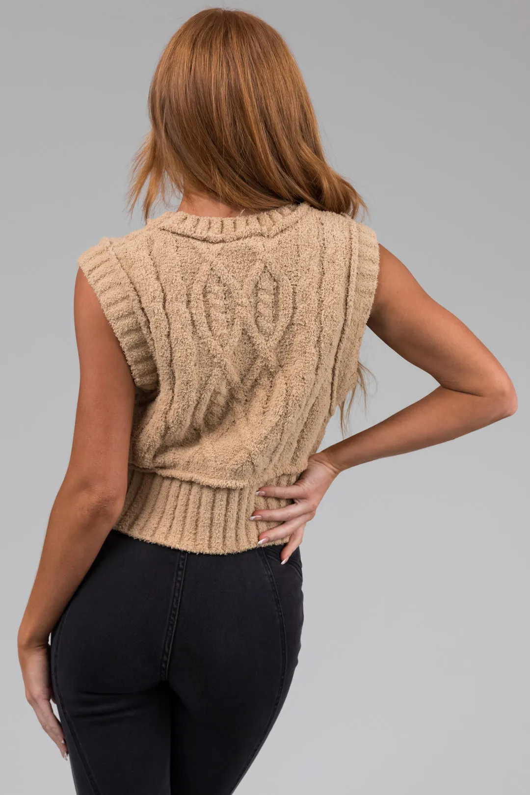 Sand Cable Knit Cropped Fuzzy Sweater Vest sold by Lime Lush product image thumbnail 4