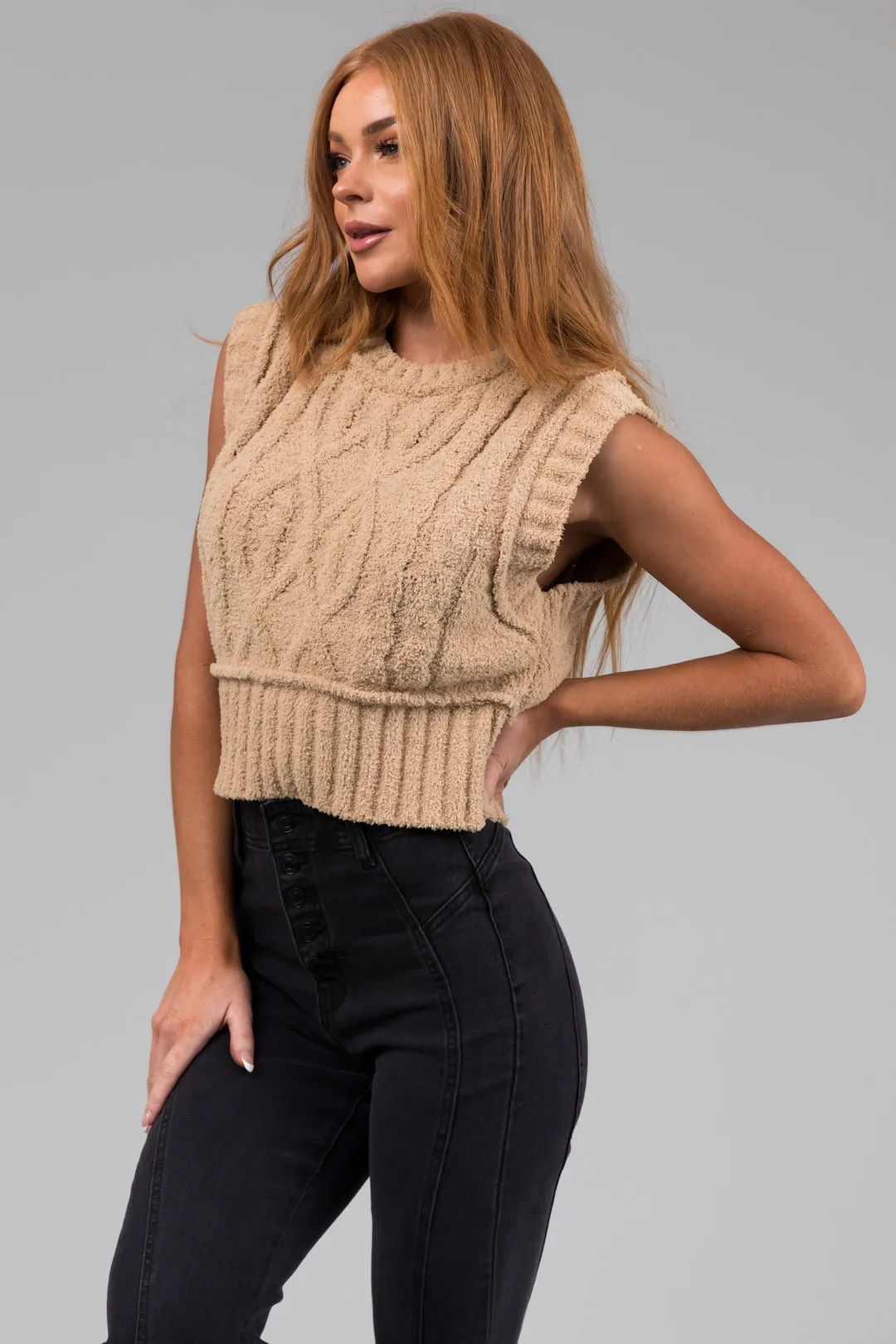 Sand Cable Knit Cropped Fuzzy Sweater Vest sold by Lime Lush product image thumbnail 3