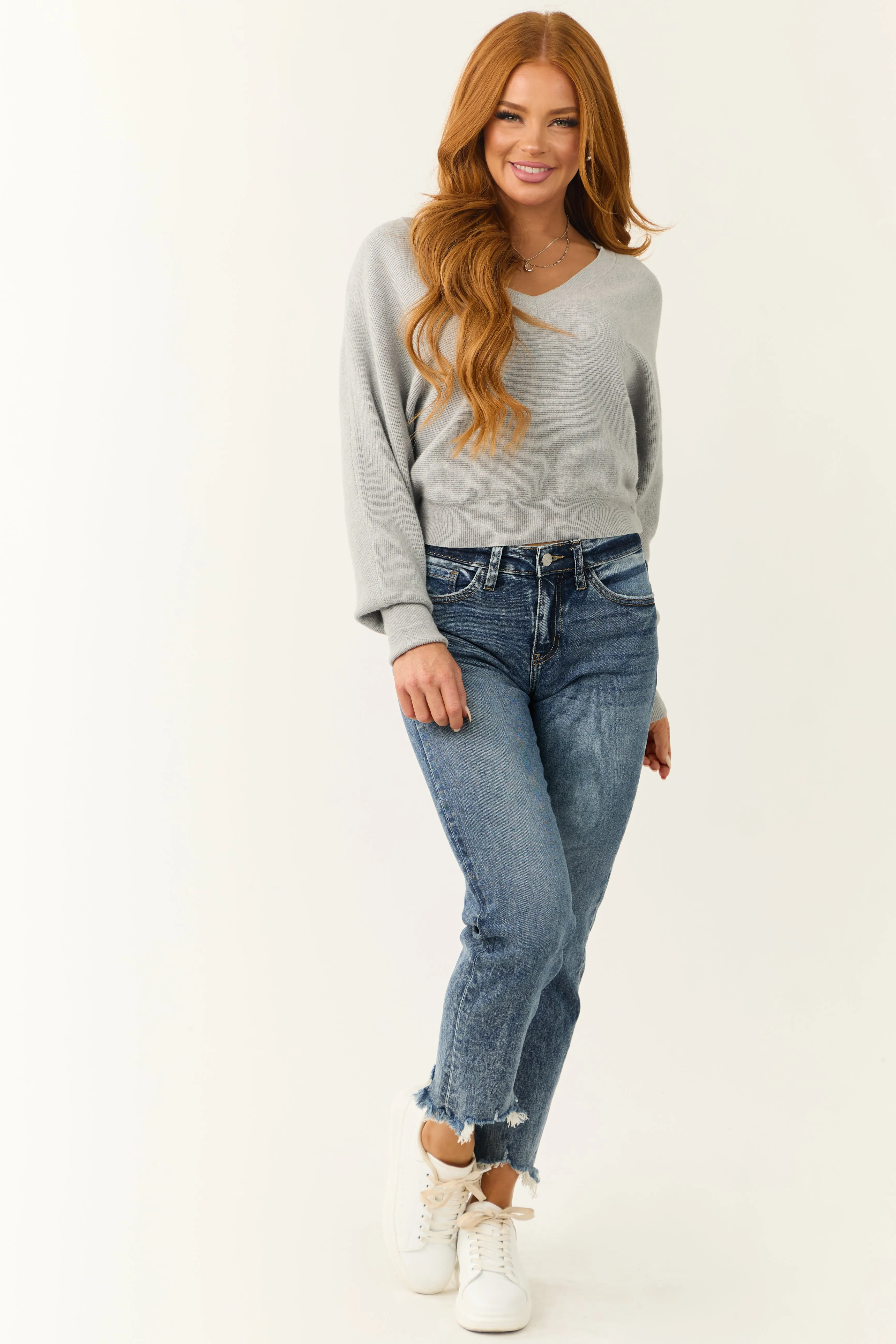 Dove Grey Ribbed Knit V Neck Sweater sold by Lime Lush product image thumbnail 2