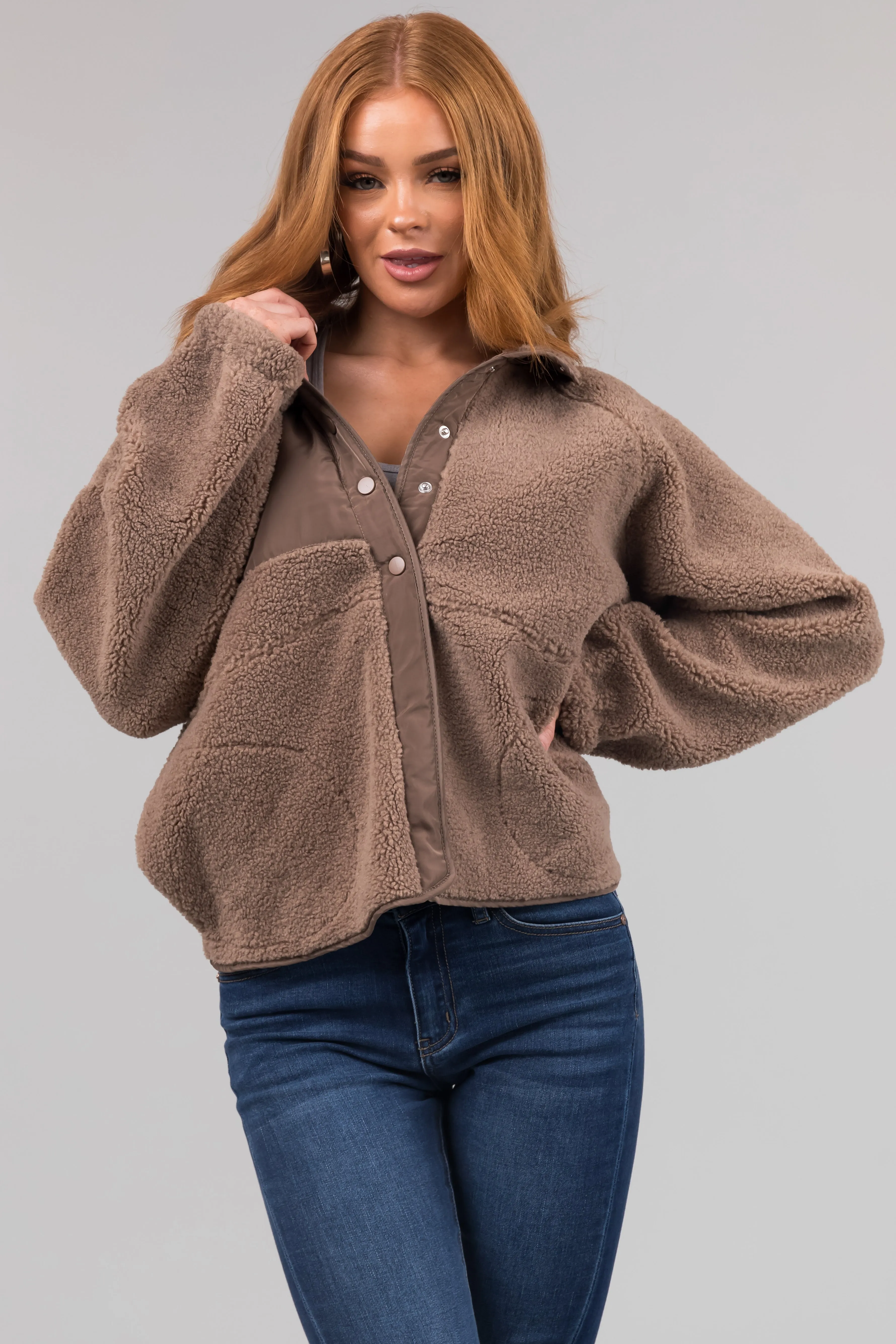 Coffee Snap Button Down Sherpa Jacket sold by Lime Lush product image thumbnail 2