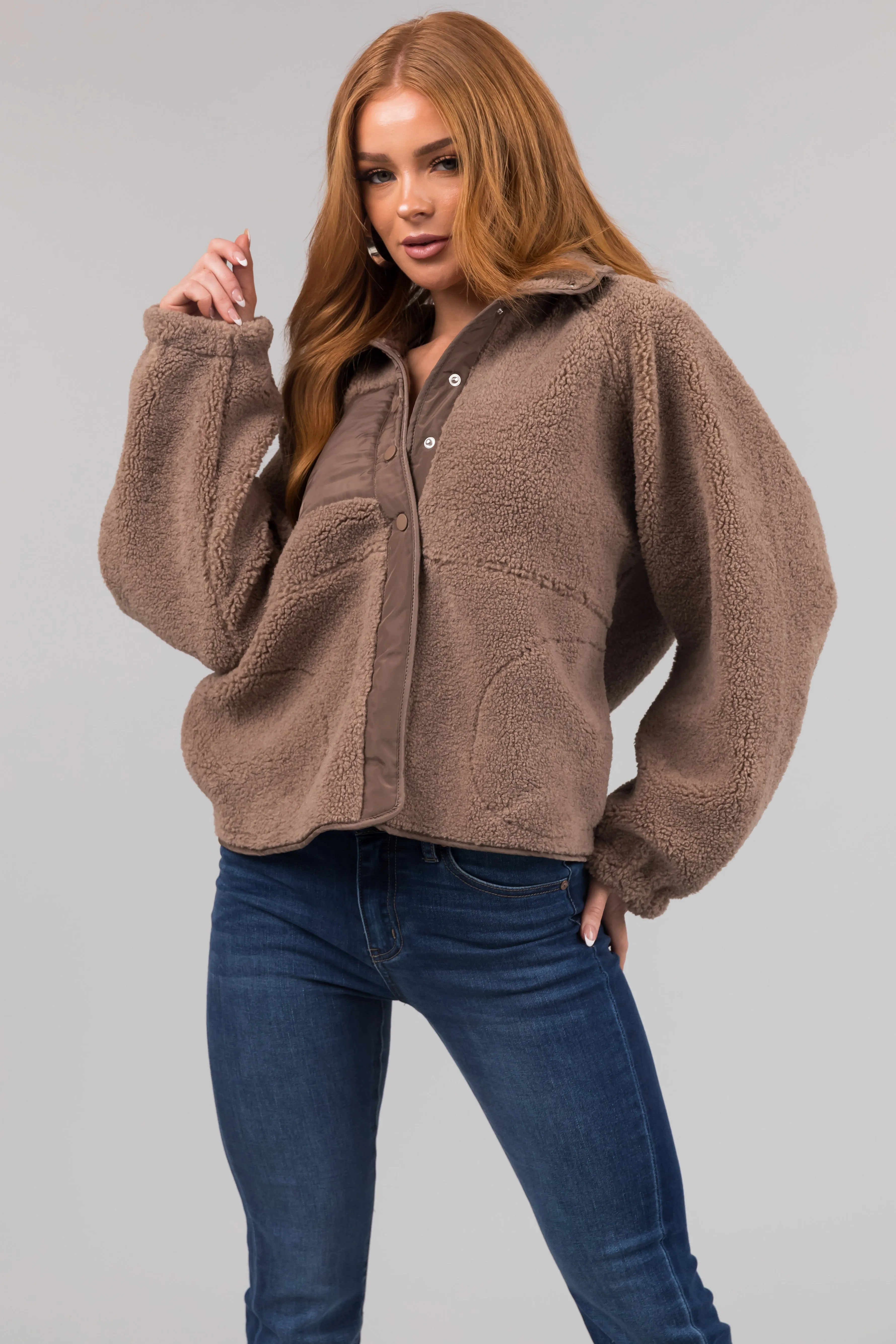 Coffee Snap Button Down Sherpa Jacket sold by Lime Lush product image thumbnail 4