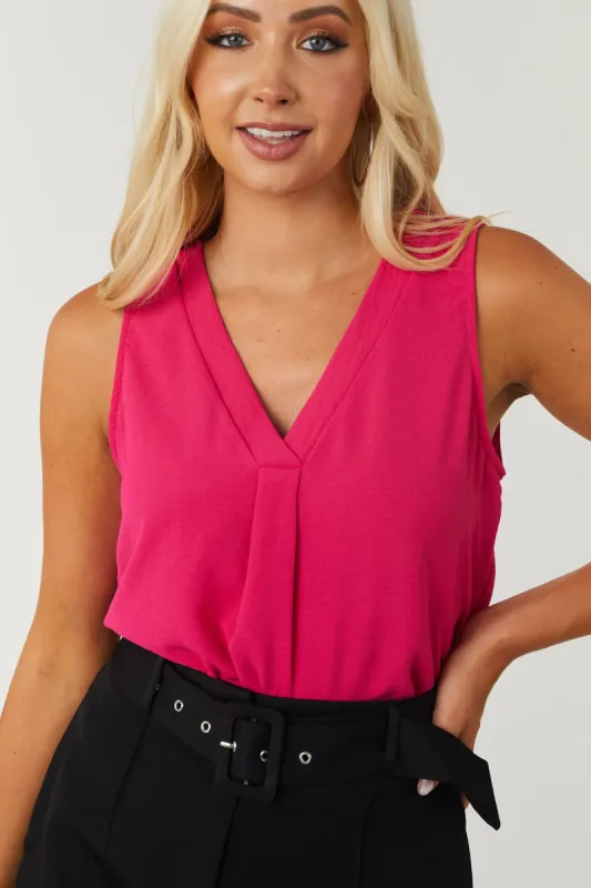 Hot Pink Banded V Neck Sleeveless Blouse sold by Lime Lush
