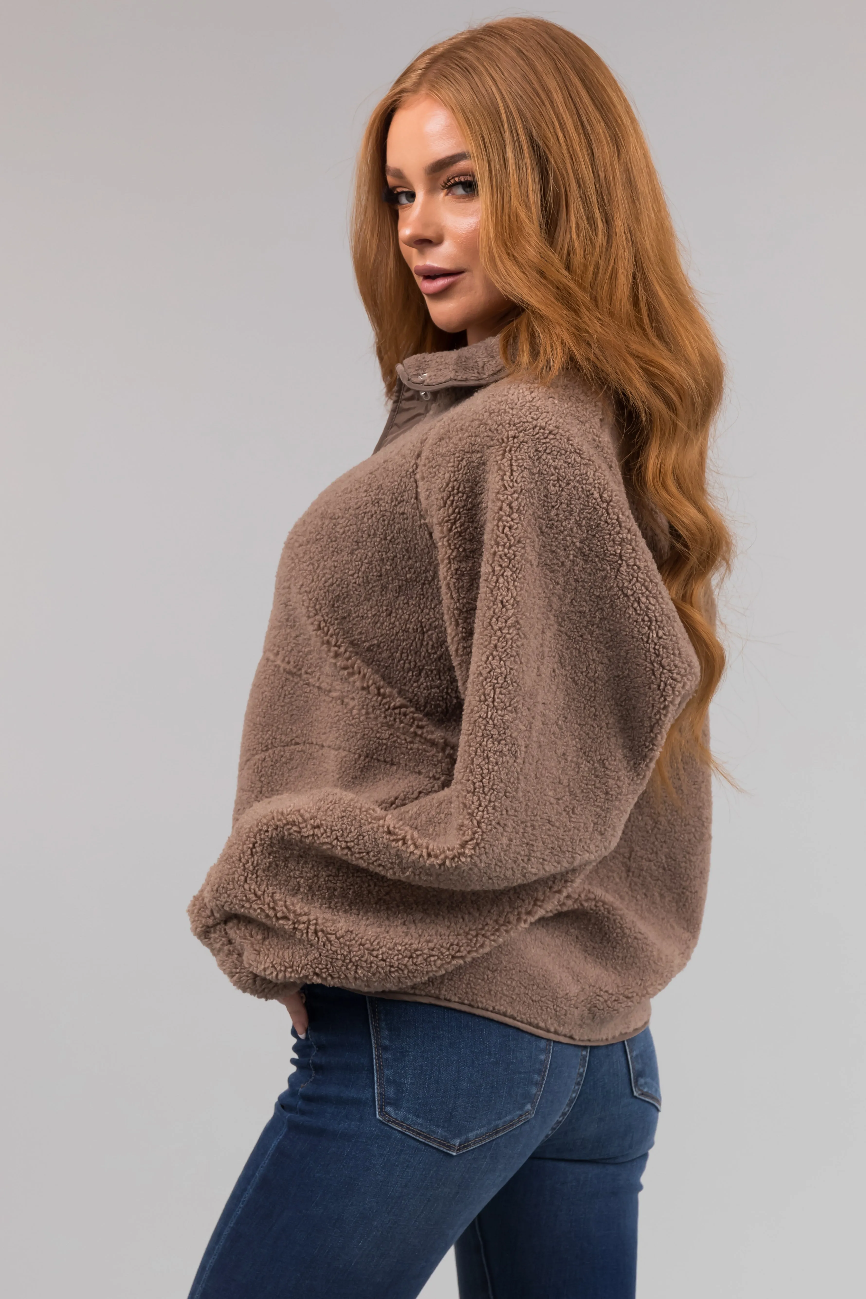 Coffee Snap Button Down Sherpa Jacket sold by Lime Lush product image thumbnail 5