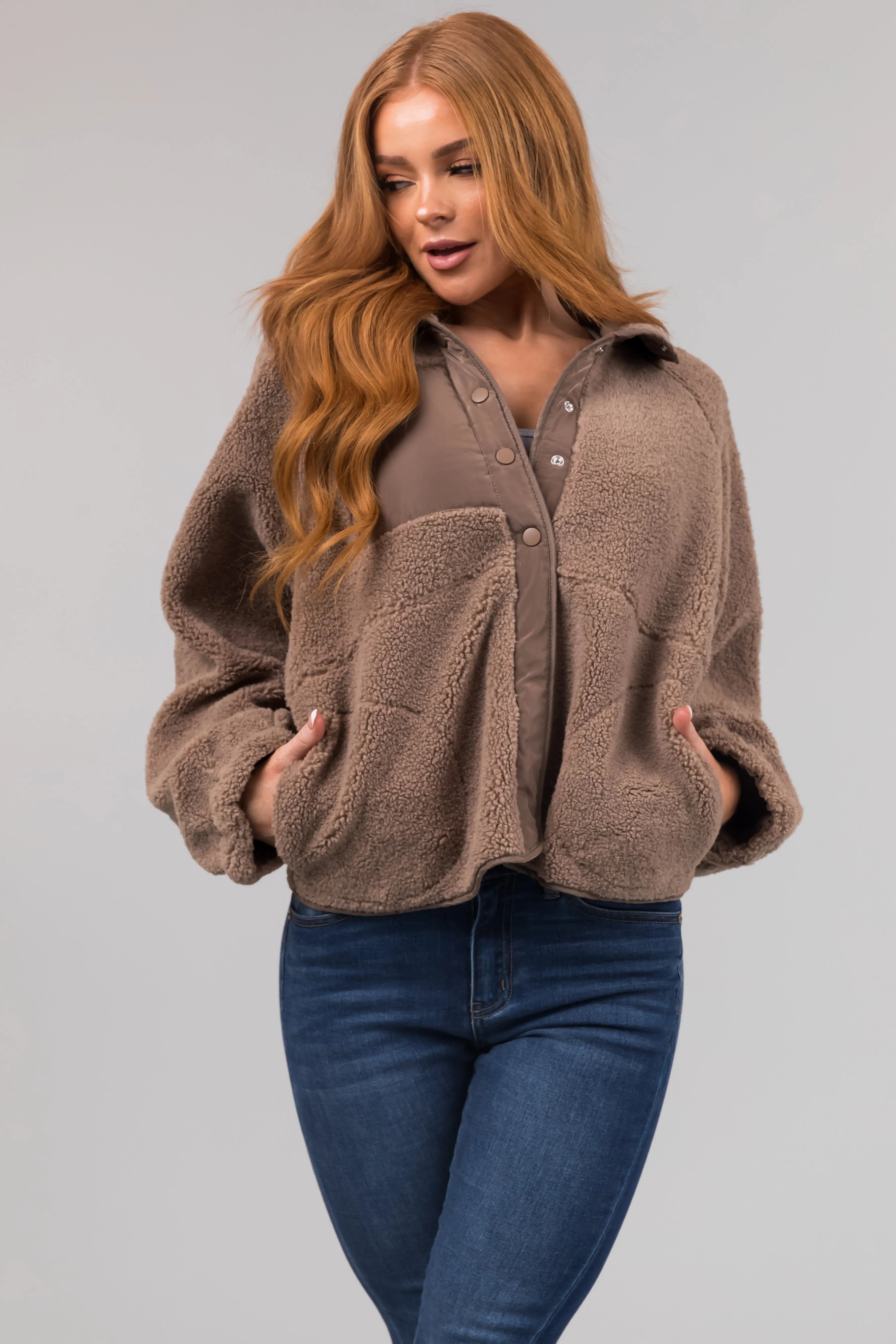 Coffee Snap Button Down Sherpa Jacket sold by Lime Lush product image thumbnail 3