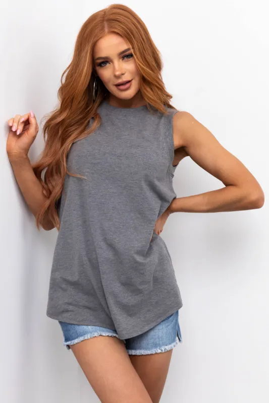 Heathered Graphite Crew Neck Flowy Knit Tank Top sold by Lime Lush