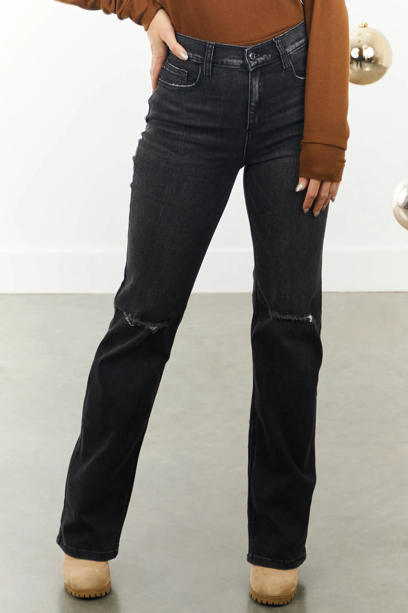 Sneak Peek Black Washed Distressed Knee Straight Jeans sold by Lime Lush