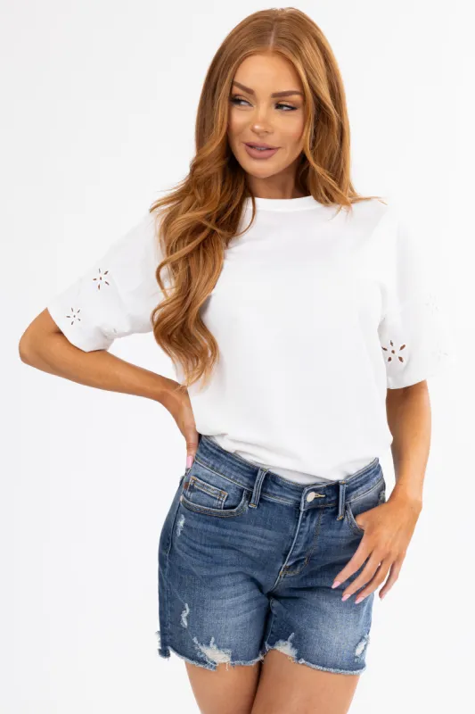 Off White Eyelet Short Sleeve Woven Top sold by Lime Lush