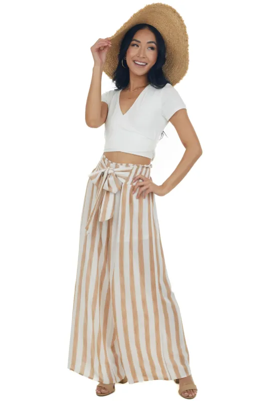 Camel Striped Wide Leg High Rise Tie Pants sold by Lime Lush