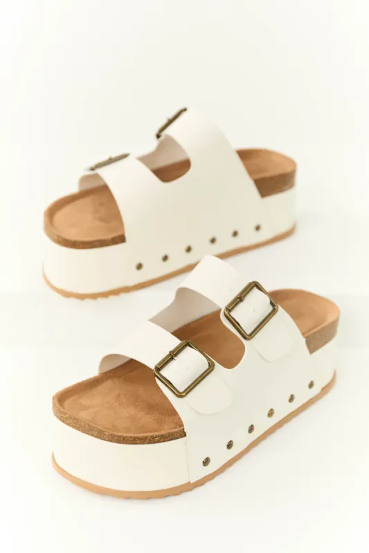 Ivory Platform Double Strap Buckle Sandals sold by Lime Lush