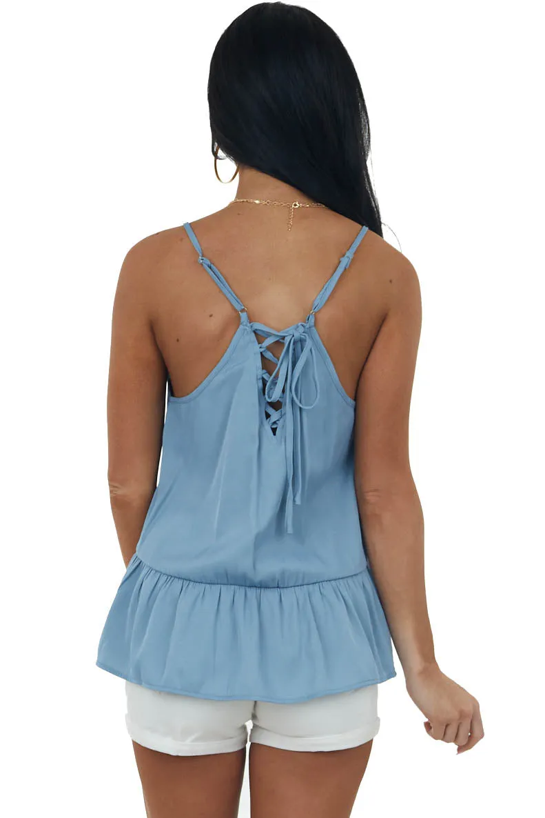 Light Chambray Lace Up Back V Neck Peplum Top sold by Lime Lush product image thumbnail 5
