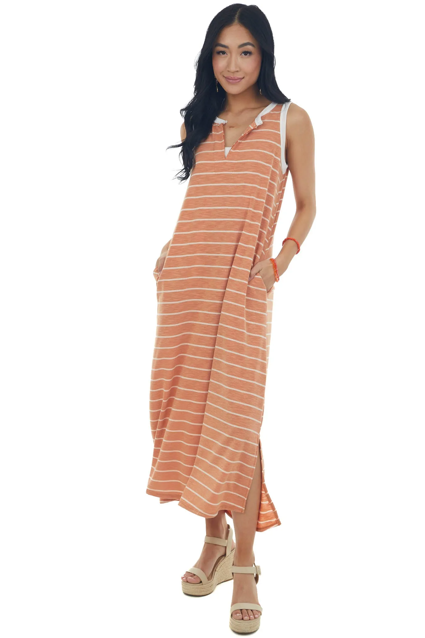 Heathered Papaya Striped Notch Neck Midi Dress sold by Lime Lush product image thumbnail 3