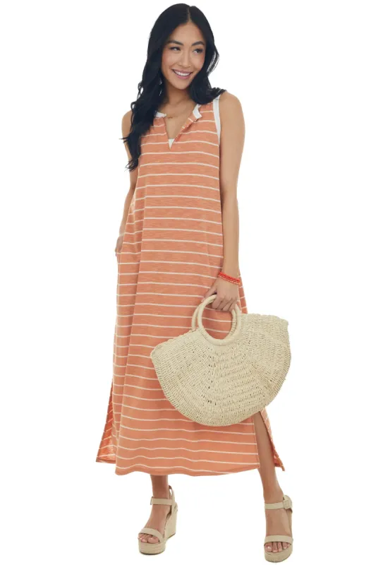 Heathered Papaya Striped Notch Neck Midi Dress sold by Lime Lush