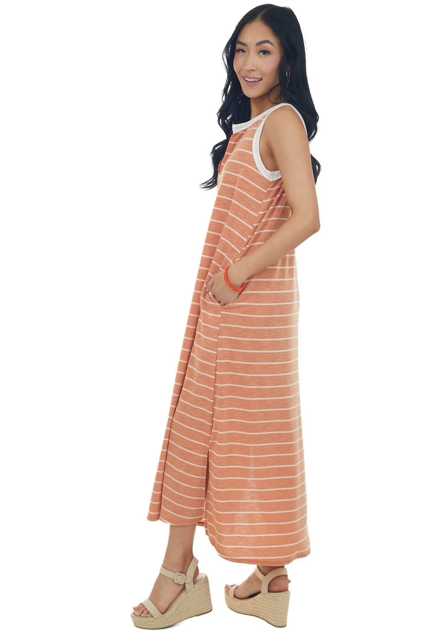 Heathered Papaya Striped Notch Neck Midi Dress sold by Lime Lush product image thumbnail 4