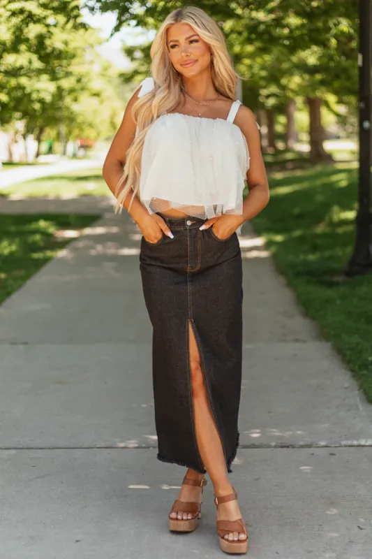 Black Washed Denim Front Slit Frayed Maxi Skirt made by Mimosa