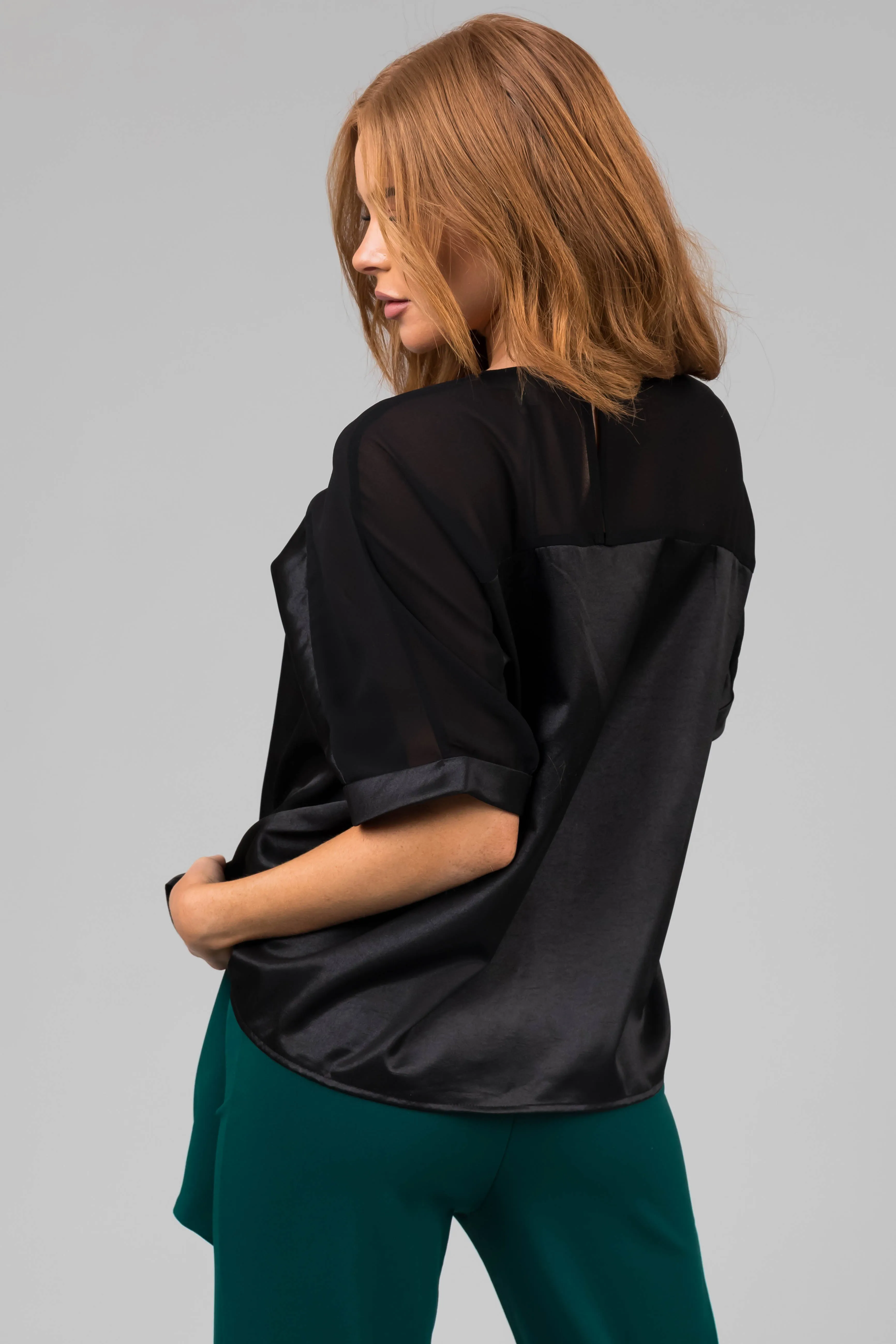 Black Contrast Yoke Cuffed Sleeve Satin Blouse sold by Lime Lush product image thumbnail 5