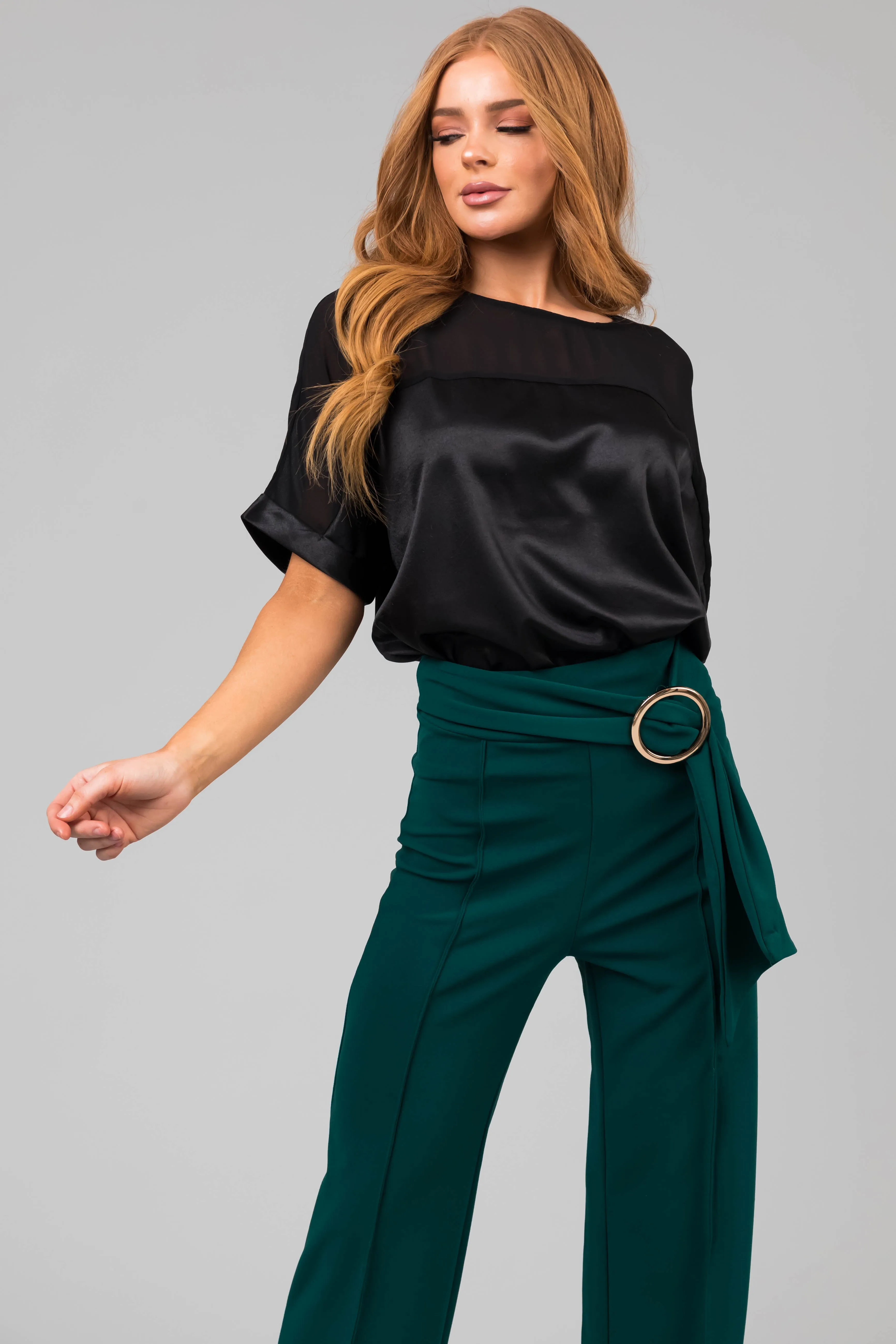 Black Contrast Yoke Cuffed Sleeve Satin Blouse sold by Lime Lush product image thumbnail 4