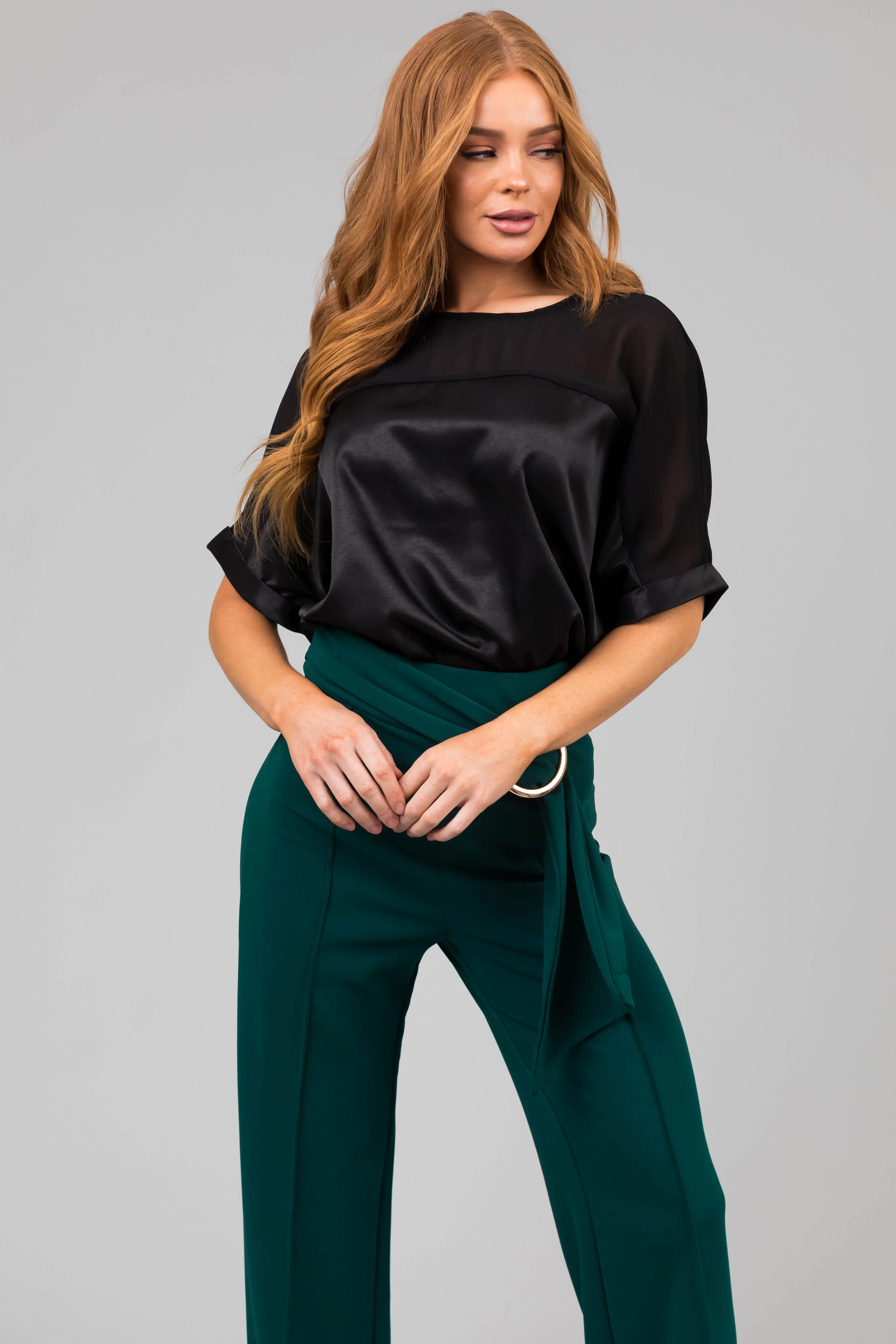 Black Contrast Yoke Cuffed Sleeve Satin Blouse sold by Lime Lush product image thumbnail 3