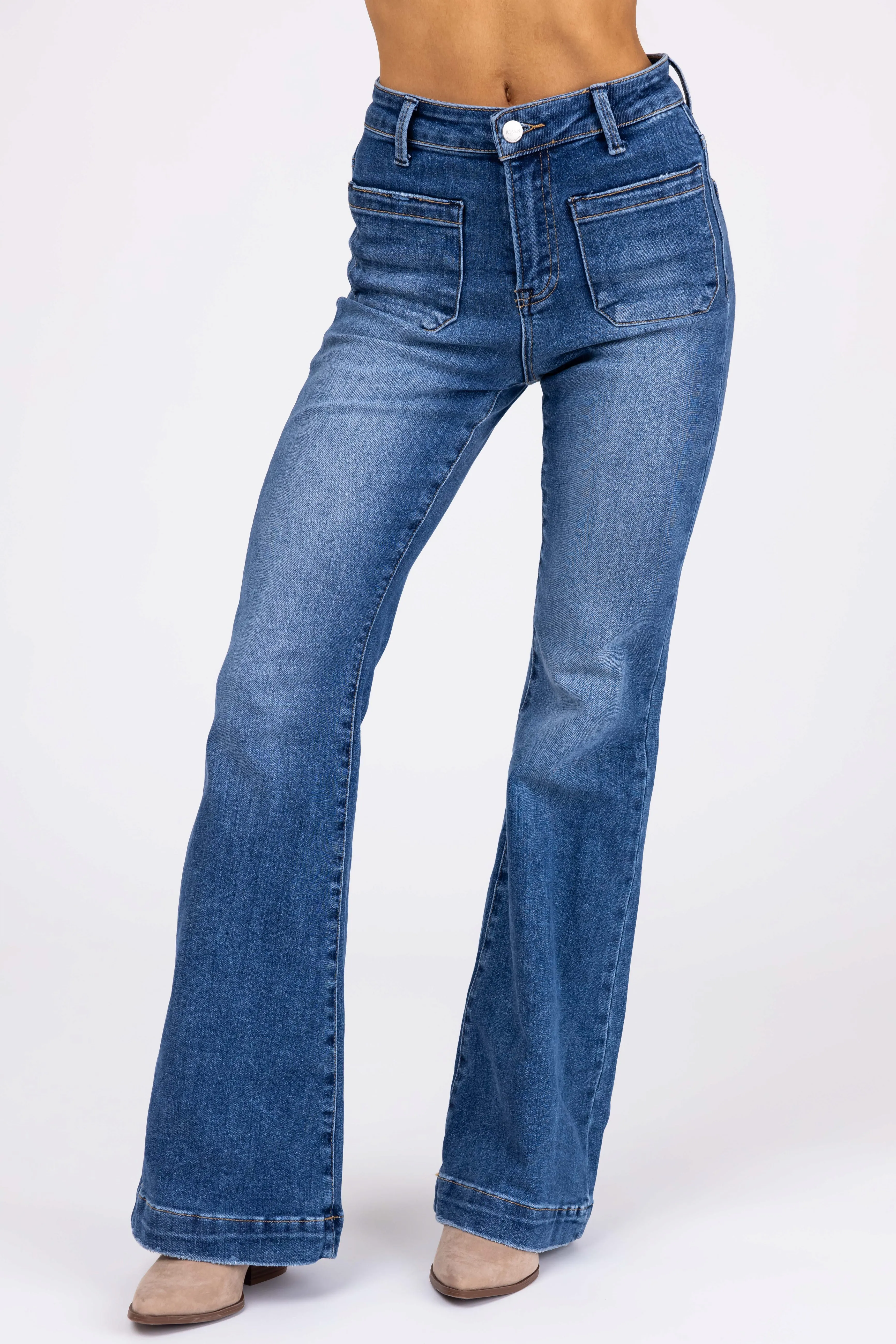 Risen Dark Wash Patched Pocket Flare Leg Jeans sold by Lime Lush product image thumbnail 2