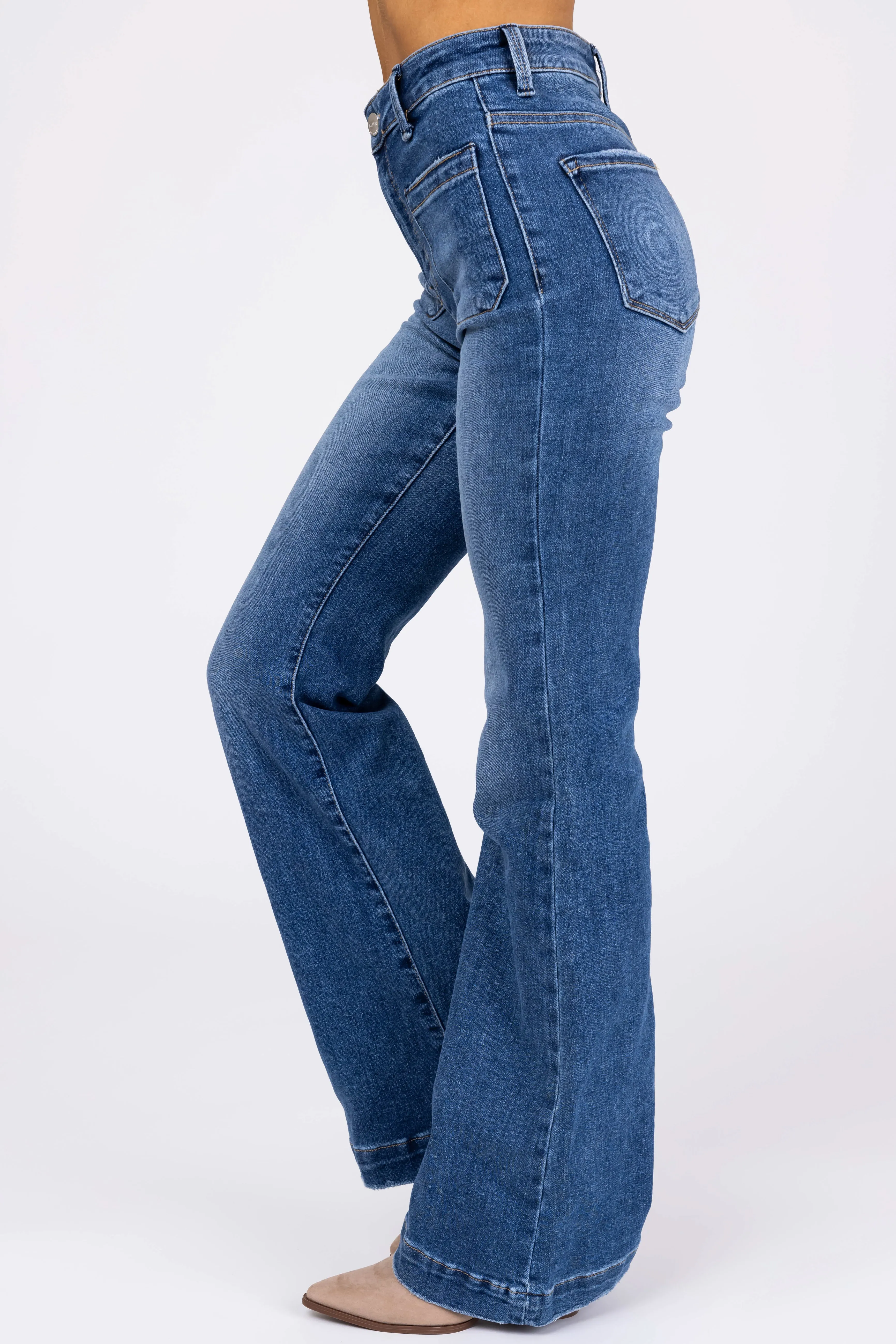 Risen Dark Wash Patched Pocket Flare Leg Jeans sold by Lime Lush product image thumbnail 4