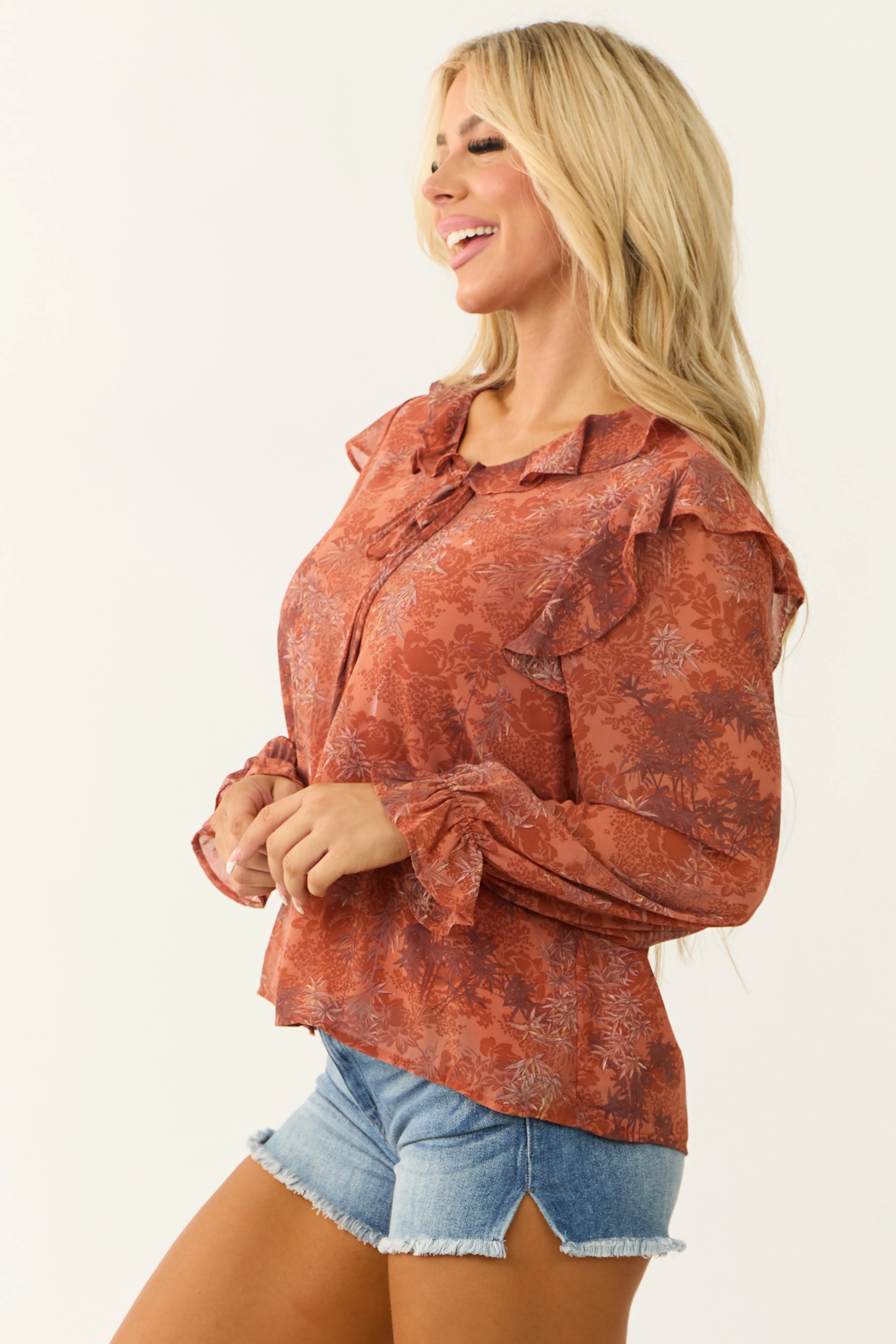 Terracotta Abstract Print Ruffle Front Tie Top sold by Lime Lush product image thumbnail 5
