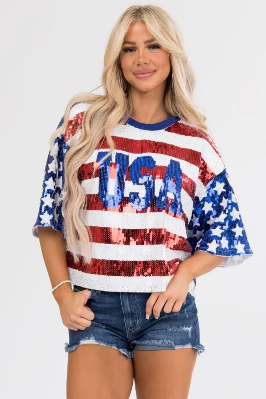 Royal Blue 'USA' Sequined Half Sleeve Top sold by Lime Lush