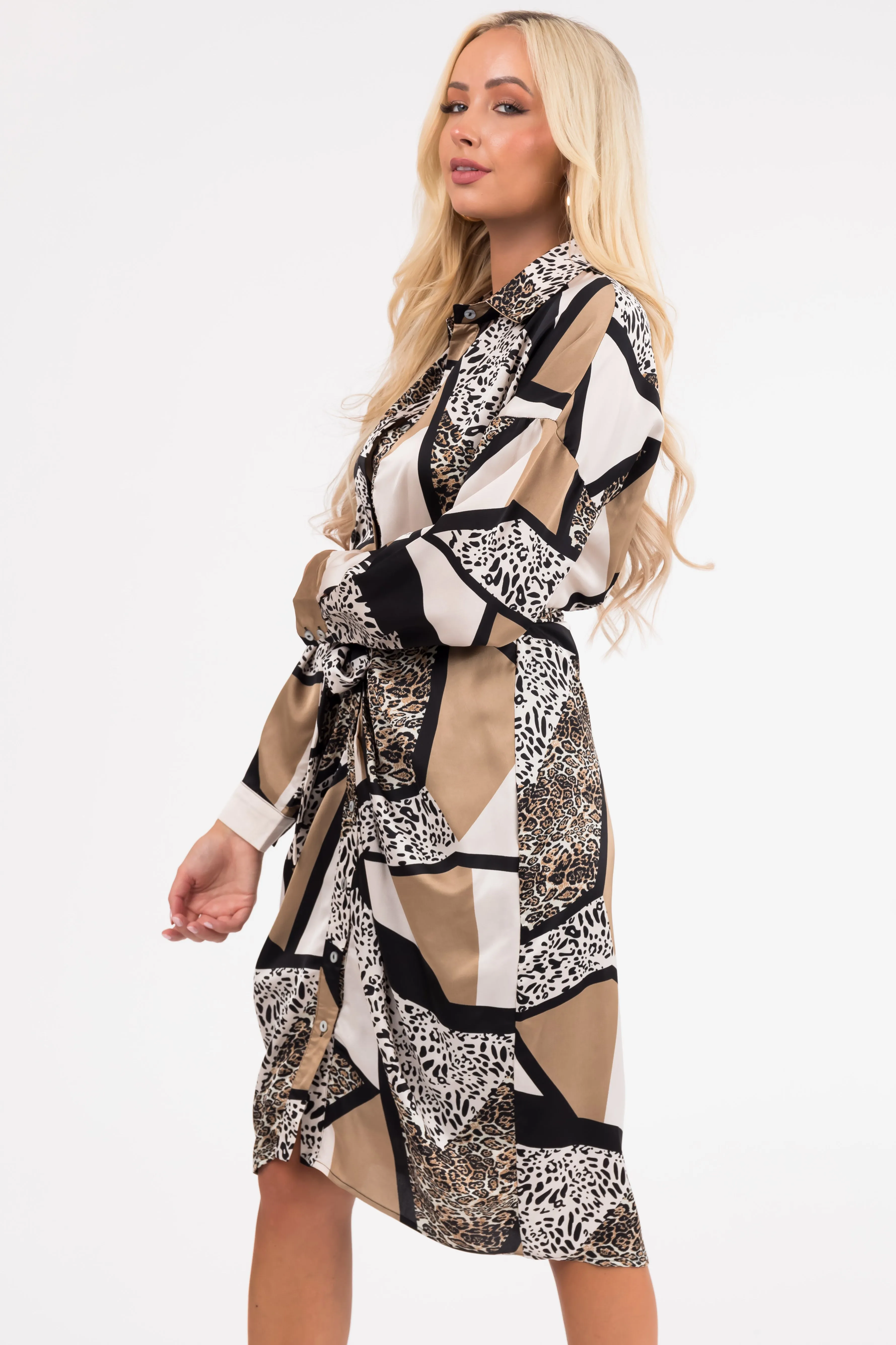 She+Sky Champagne Multiprint Button Down Midi Dress sold by Lime Lush product image thumbnail 3