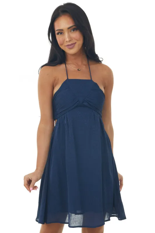 Navy Jacquard Floral Shirred Bust Halter Dress sold by Lime Lush