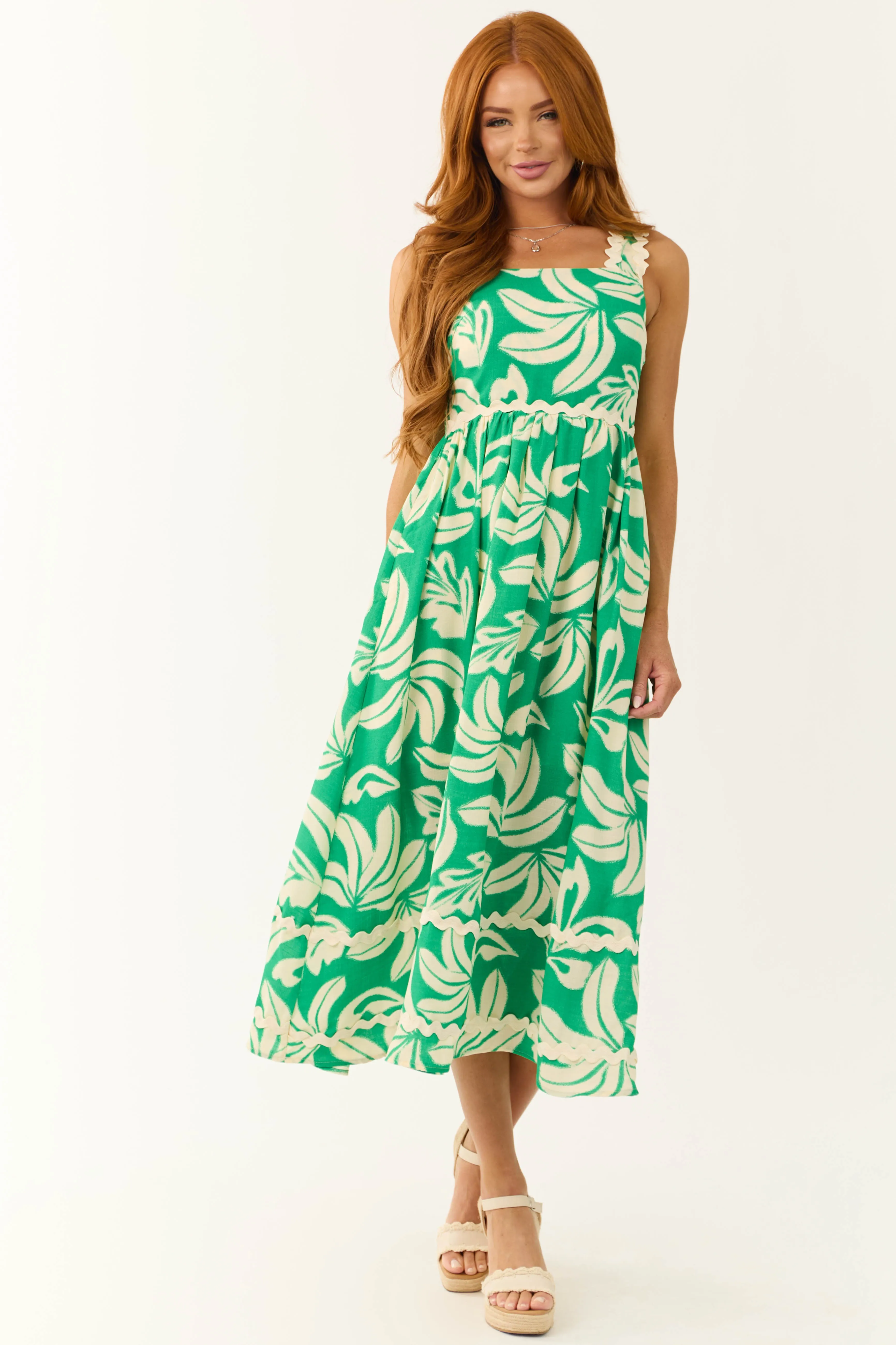 Kelly Green and Cream Tropical Leaf Print Midi Dress sold by Lime Lush product image thumbnail 4
