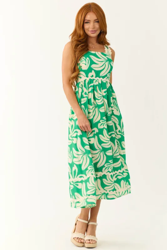 Kelly Green and Cream Tropical Leaf Print Midi Dress sold by Lime Lush
