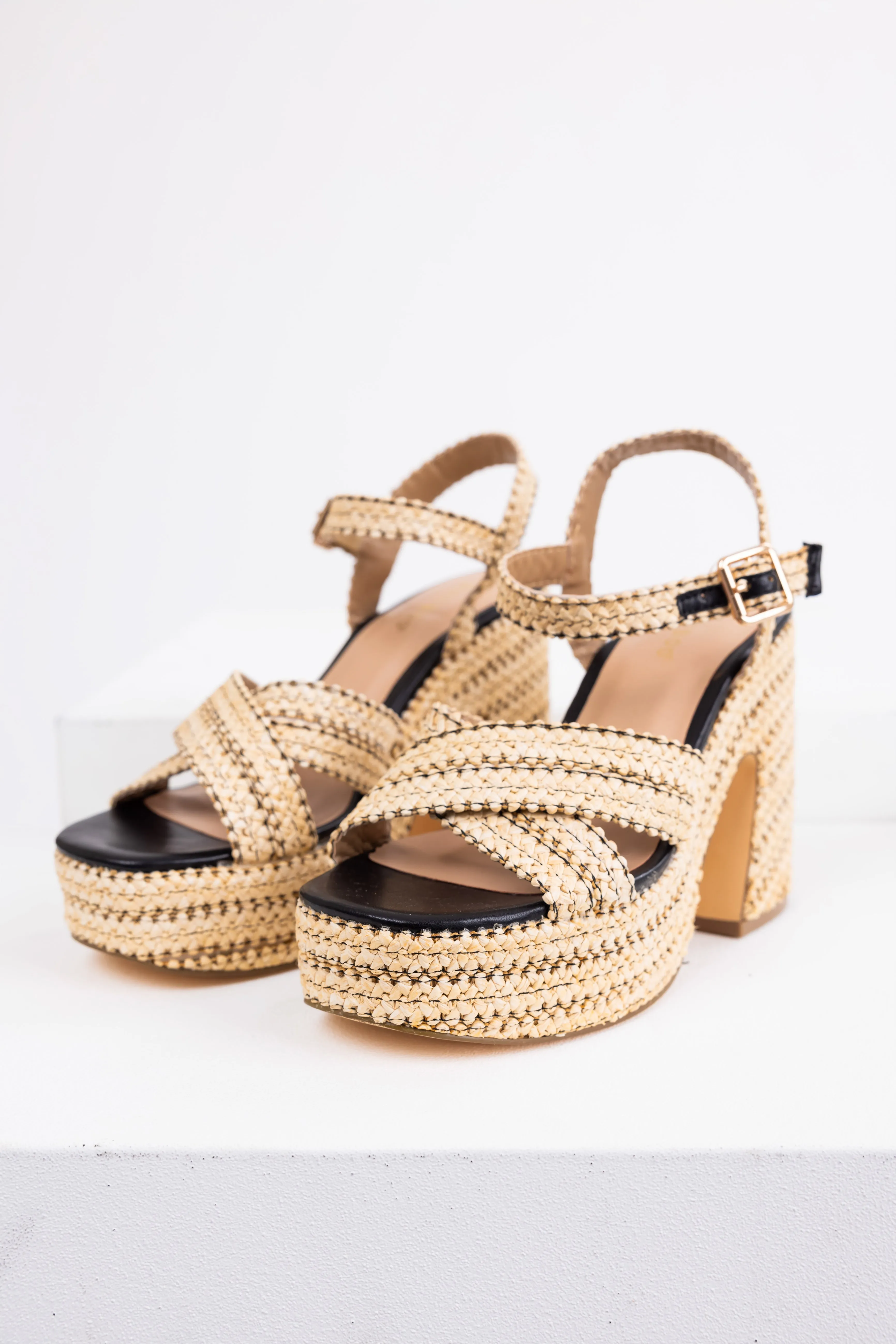 Black Natural Raffia Cross Strap Platform Heels sold by Lime Lush