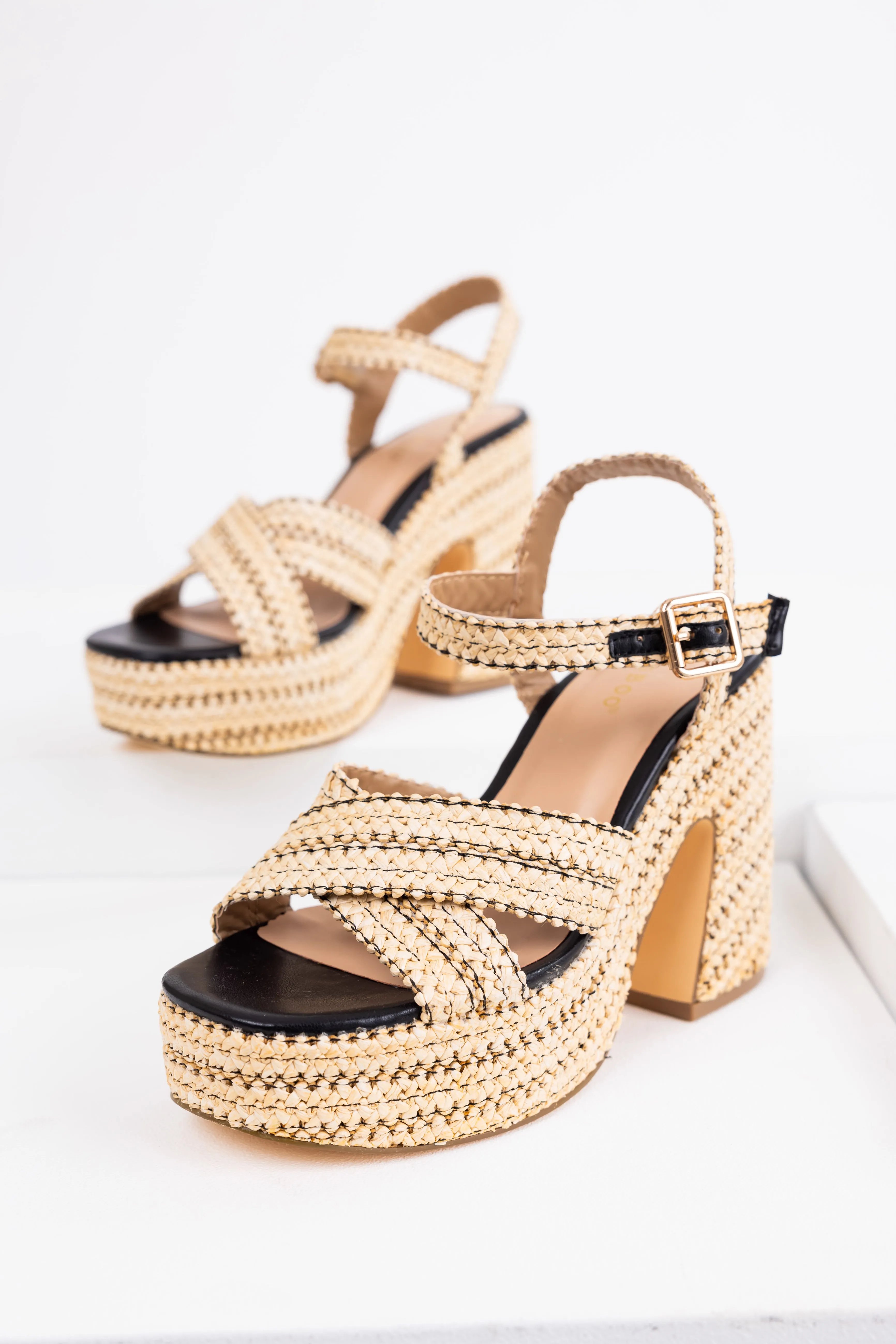 Black Natural Raffia Cross Strap Platform Heels sold by Lime Lush product image thumbnail 2