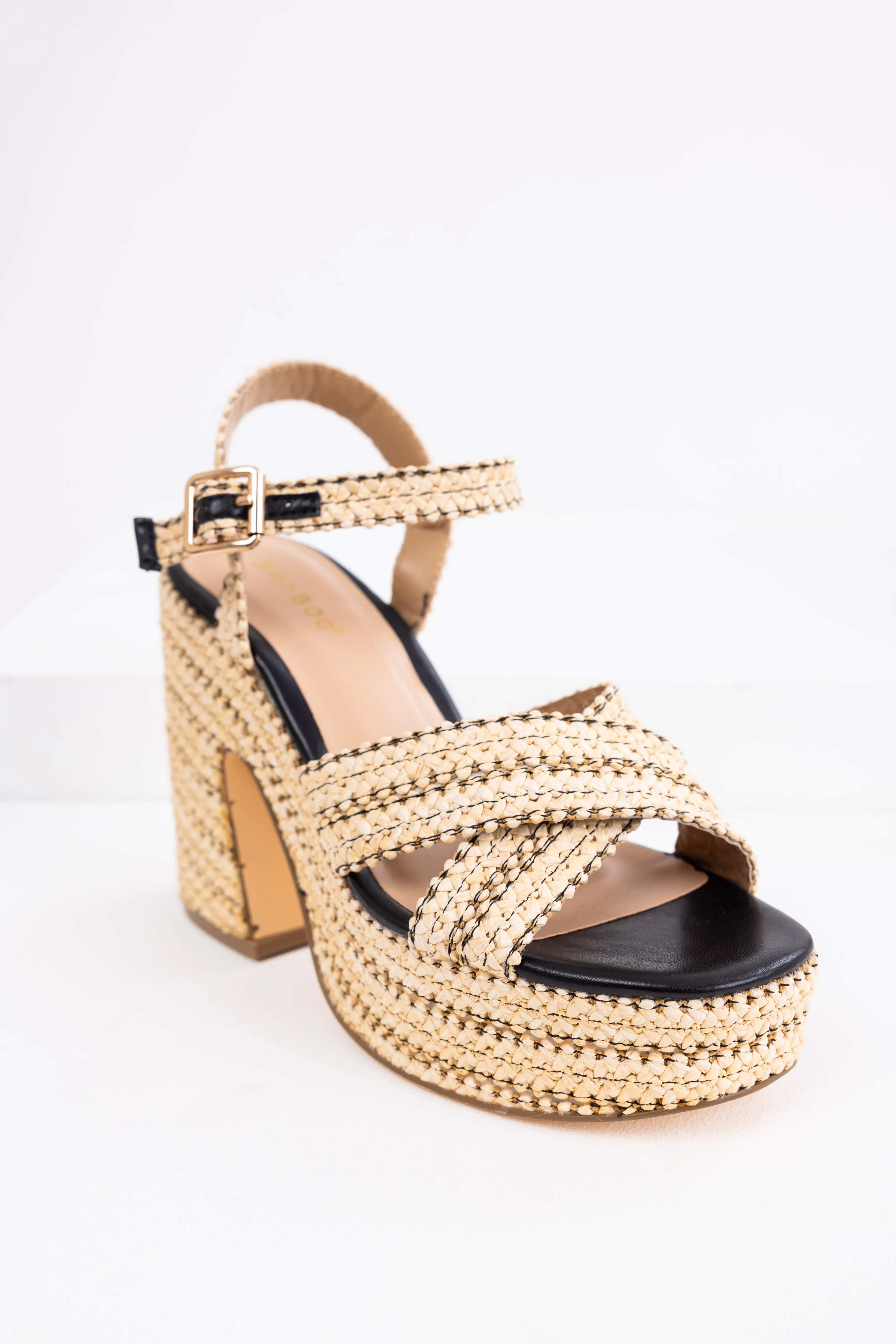 Black Natural Raffia Cross Strap Platform Heels sold by Lime Lush product image thumbnail 3