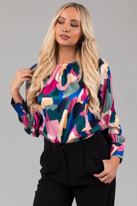 Magenta Abstract Print Satin Long Sleeve Blouse sold by Lime Lush