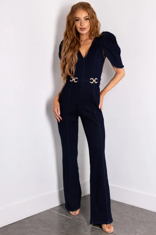 Dark Denim Jumpsuit with Shell Sleeves sold by Lime Lush