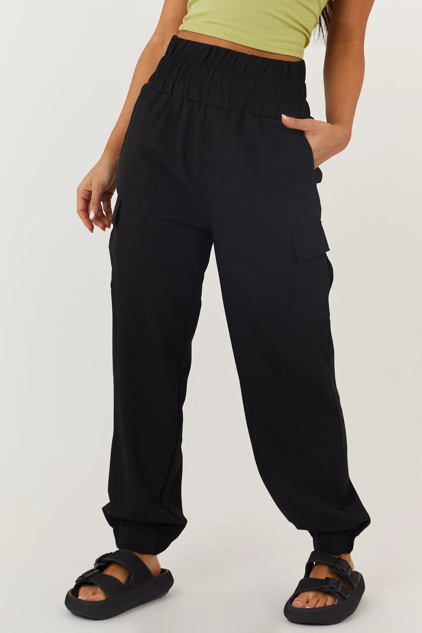 Black Thick Elastic Waist Cargo Joggers sold by Lime Lush product image thumbnail 3