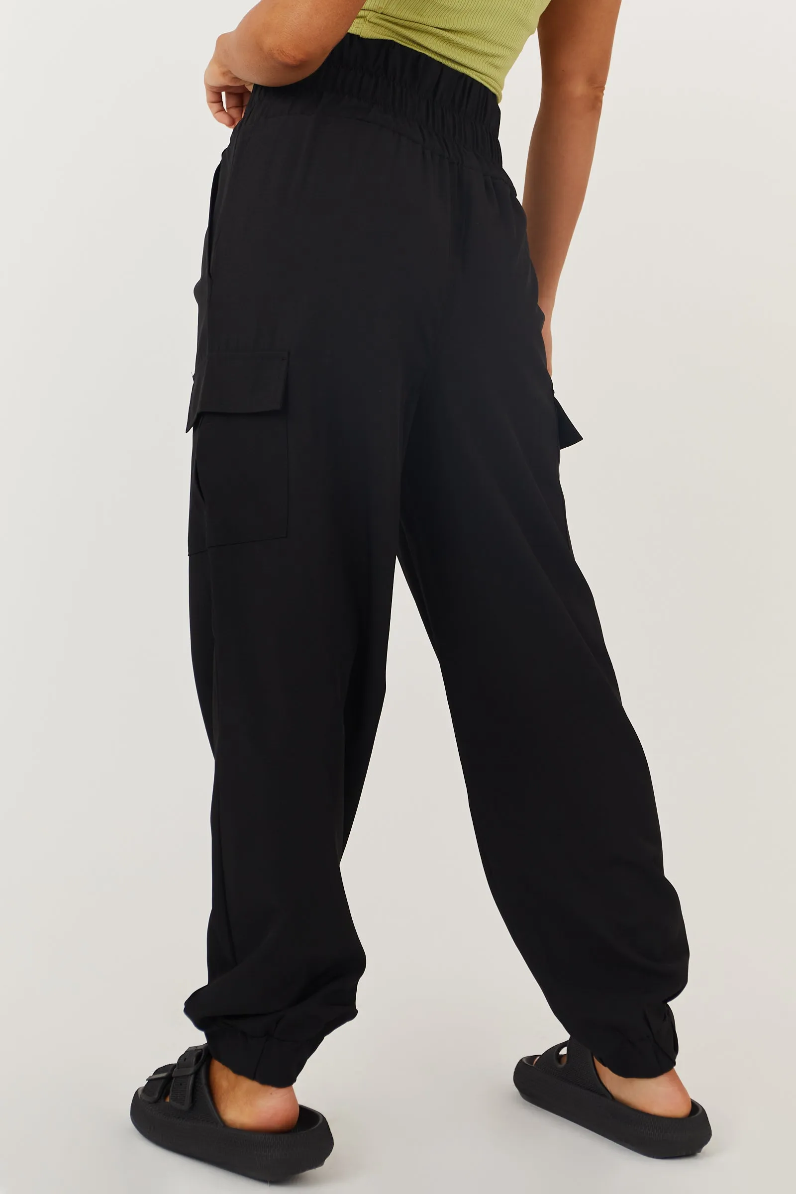 Black Thick Elastic Waist Cargo Joggers sold by Lime Lush product image thumbnail 4