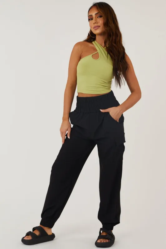 Black Thick Elastic Waist Cargo Joggers sold by Lime Lush
