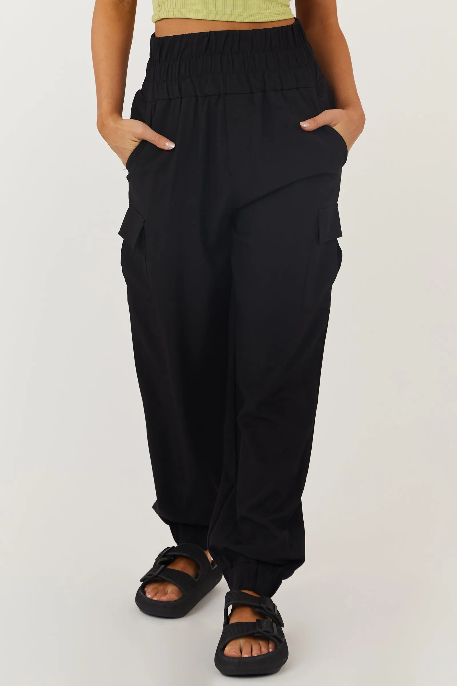 Black Thick Elastic Waist Cargo Joggers sold by Lime Lush product image thumbnail 2