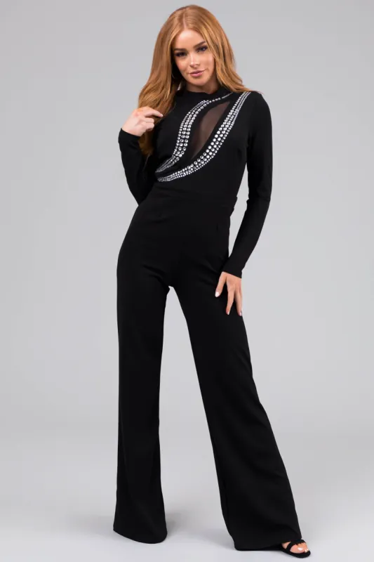 Black Rhinestone Detail Long Sleeve Jumpsuit sold by Lime Lush