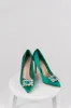 Vibrant Jade Satin Rhinestone Buckle Pointed Toe Heels sold by Lime Lush