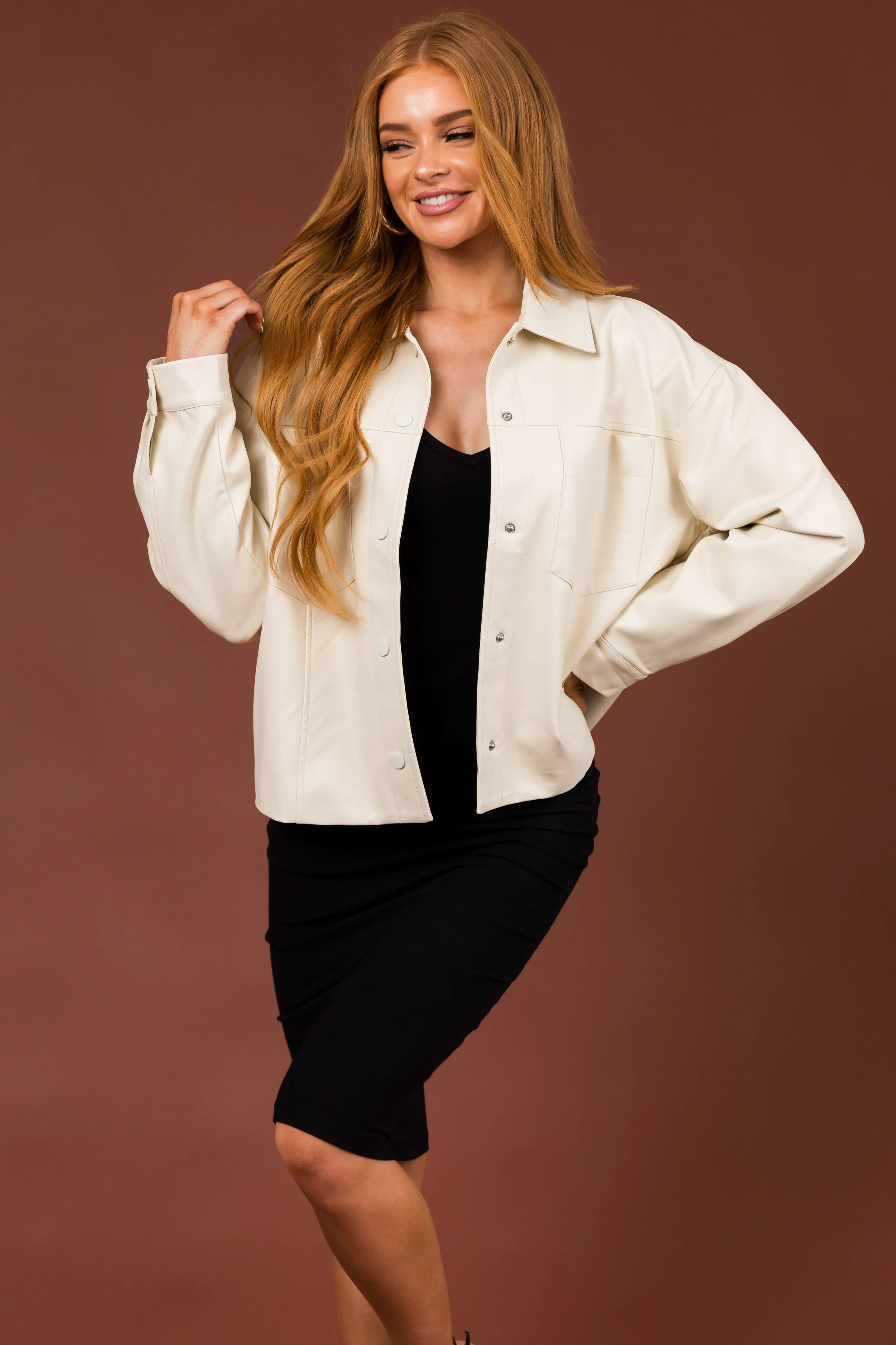 Vanilla Faux Leather Button Down Shacket sold by Lime Lush product image thumbnail 3