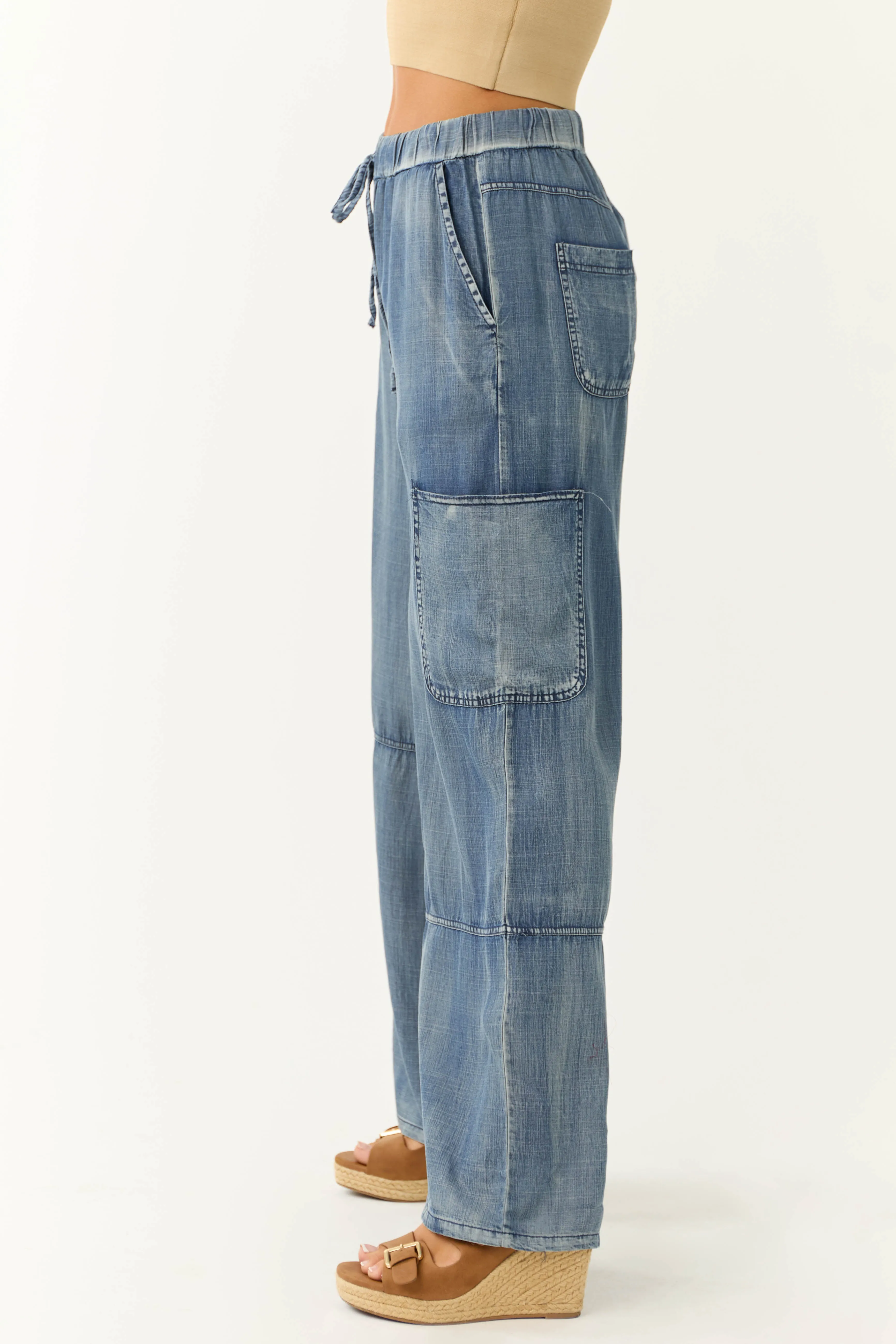 Dark Wash Lightweight Denim Flowy Cargo Pants sold by Lime Lush product image thumbnail 3