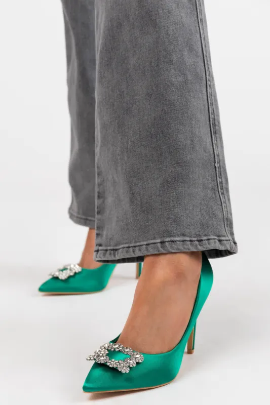Vibrant Jade Satin Rhinestone Buckle Pointed Toe Heels sold by Lime Lush