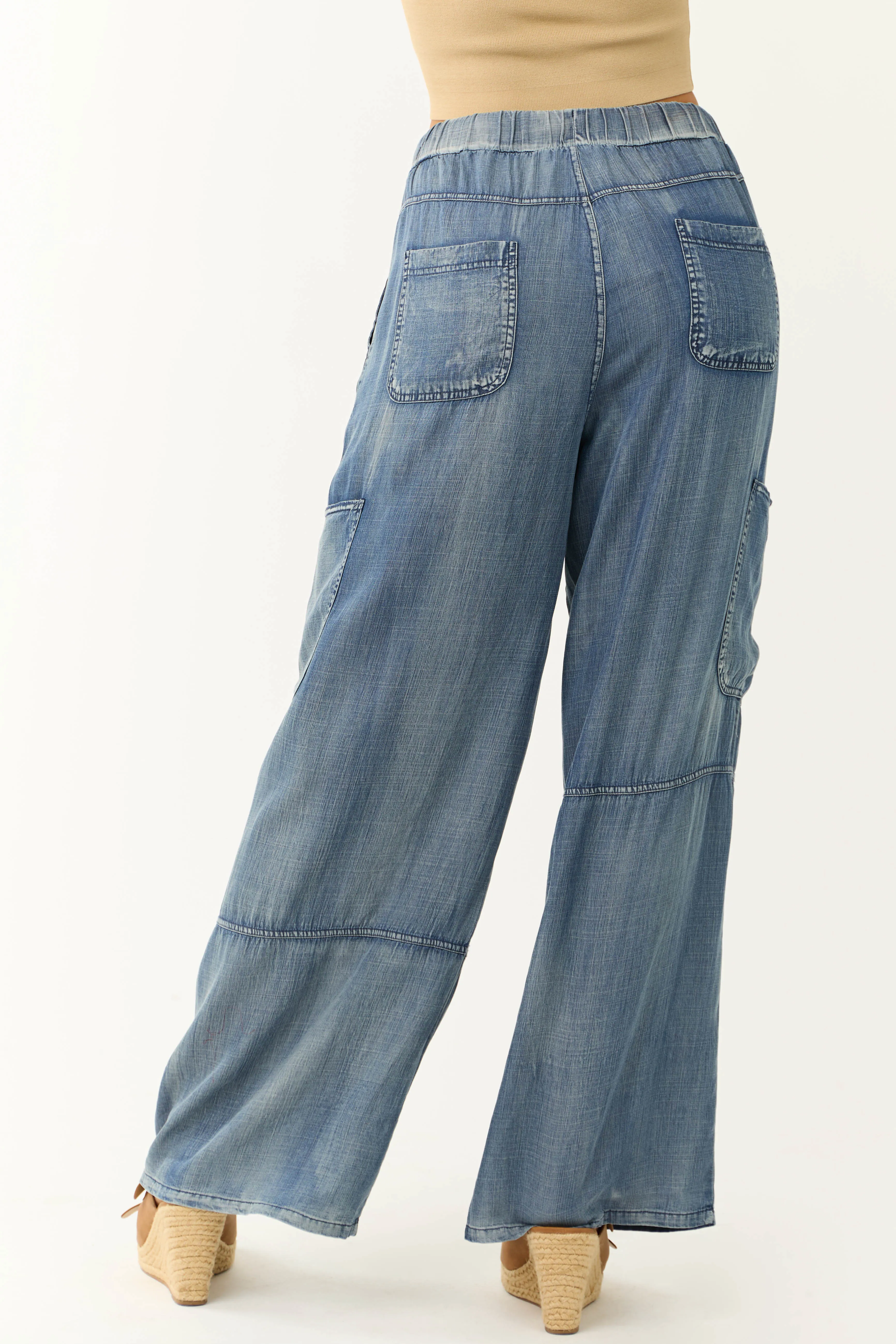 Dark Wash Lightweight Denim Flowy Cargo Pants sold by Lime Lush product image thumbnail 4