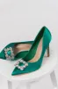 Vibrant Jade Satin Rhinestone Buckle Pointed Toe Heels sold by Lime Lush