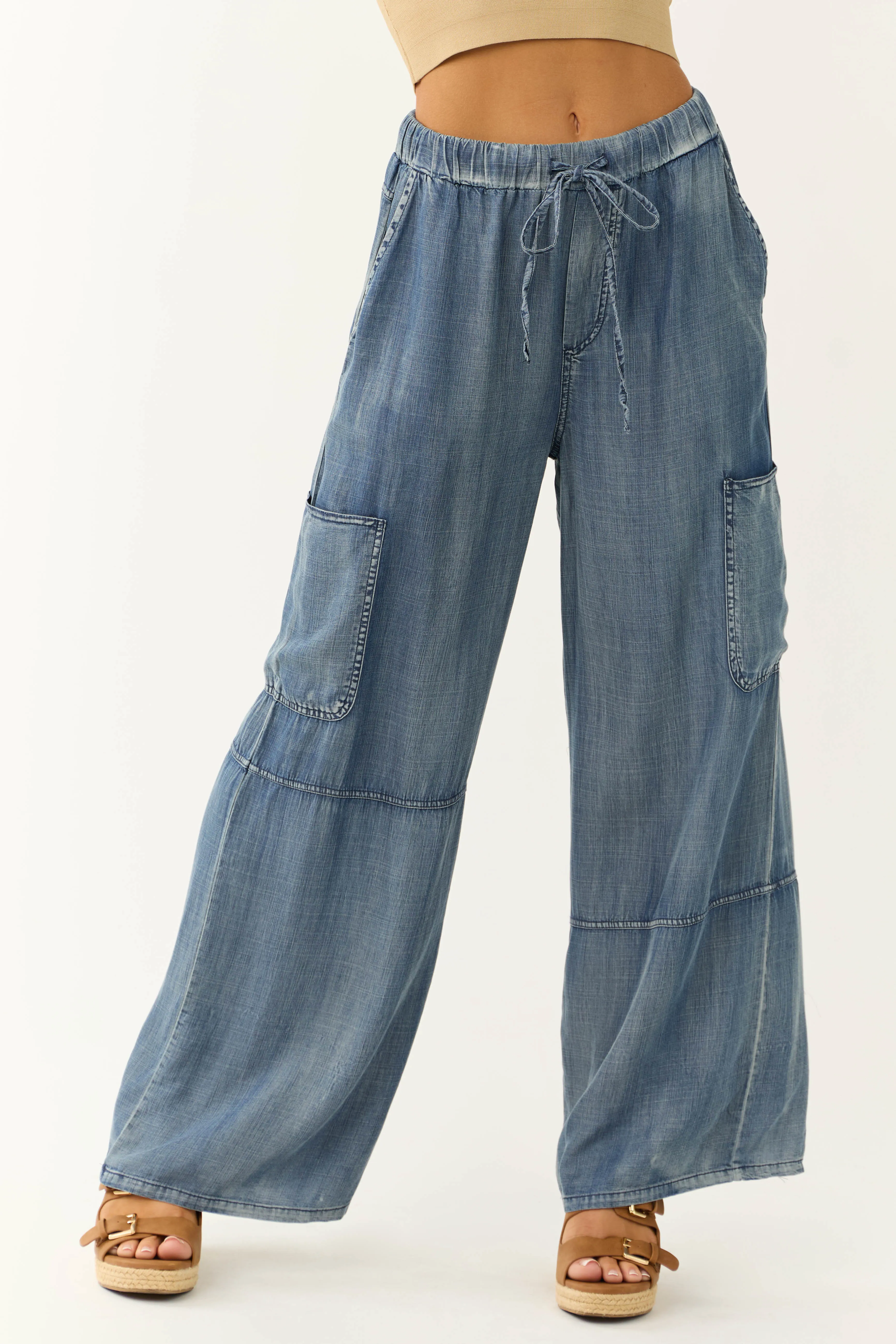 Dark Wash Lightweight Denim Flowy Cargo Pants sold by Lime Lush product image thumbnail 2